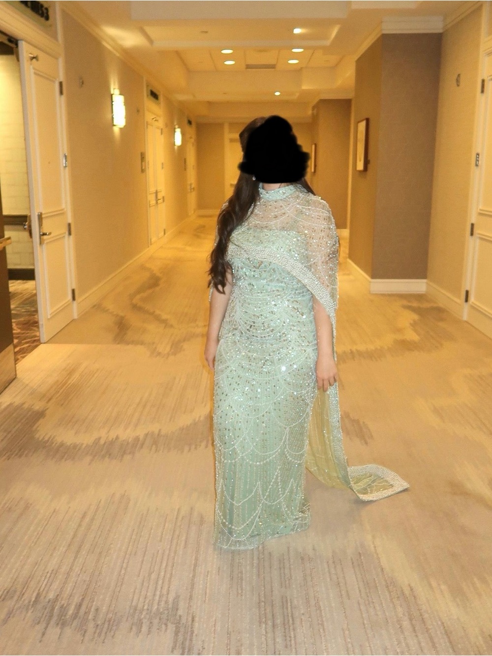 Embellished Mint Green Beaded Evening Gown with Shawl